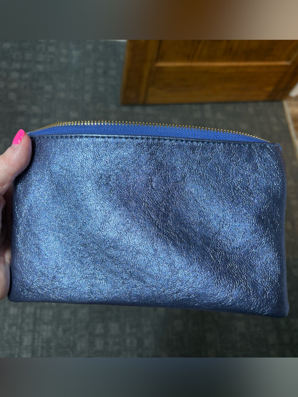 Iridescent Navy Crossbody Pouch with Gold Zip Accent